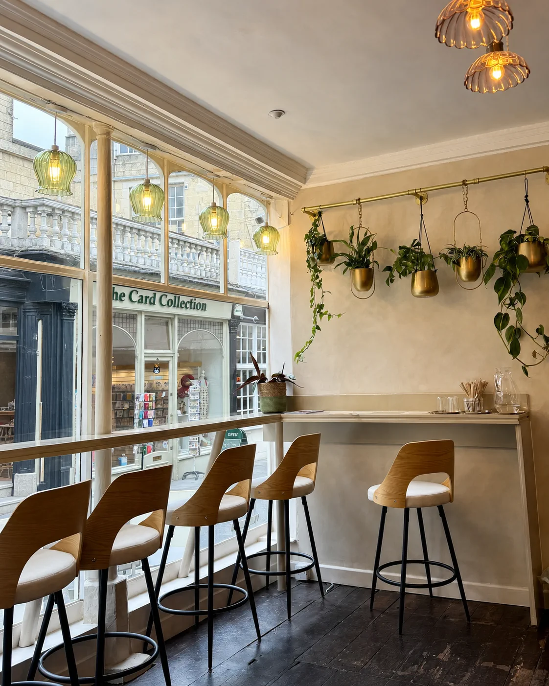 Window seating with hanging plants and pendant lights
